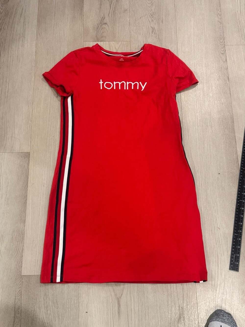 Tommy Hilfiger T-Shirt Dress Size S Red Logo Side Stripe Mini
